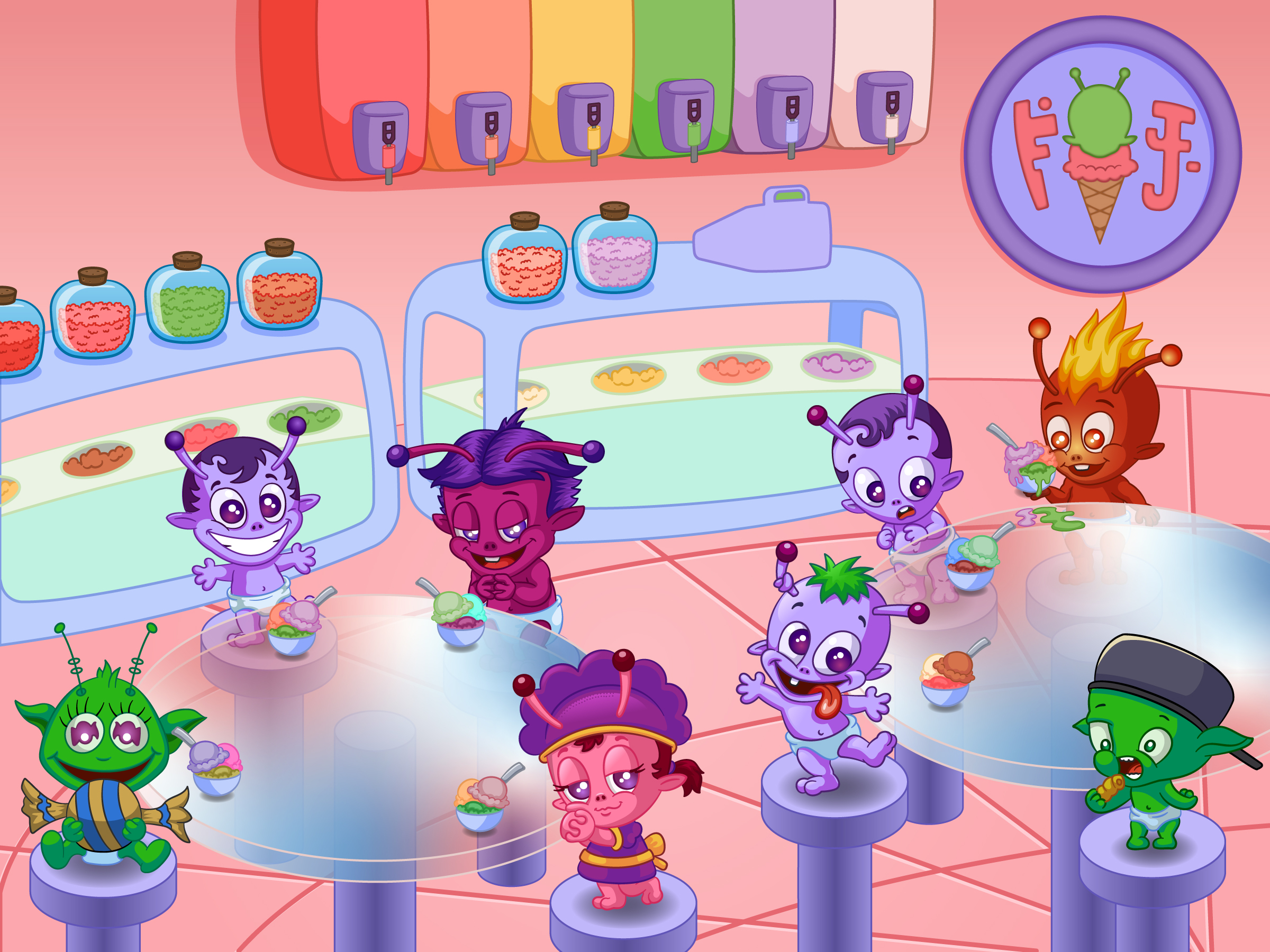Baby Aliees sitting in the kitchen enjoying ice cream