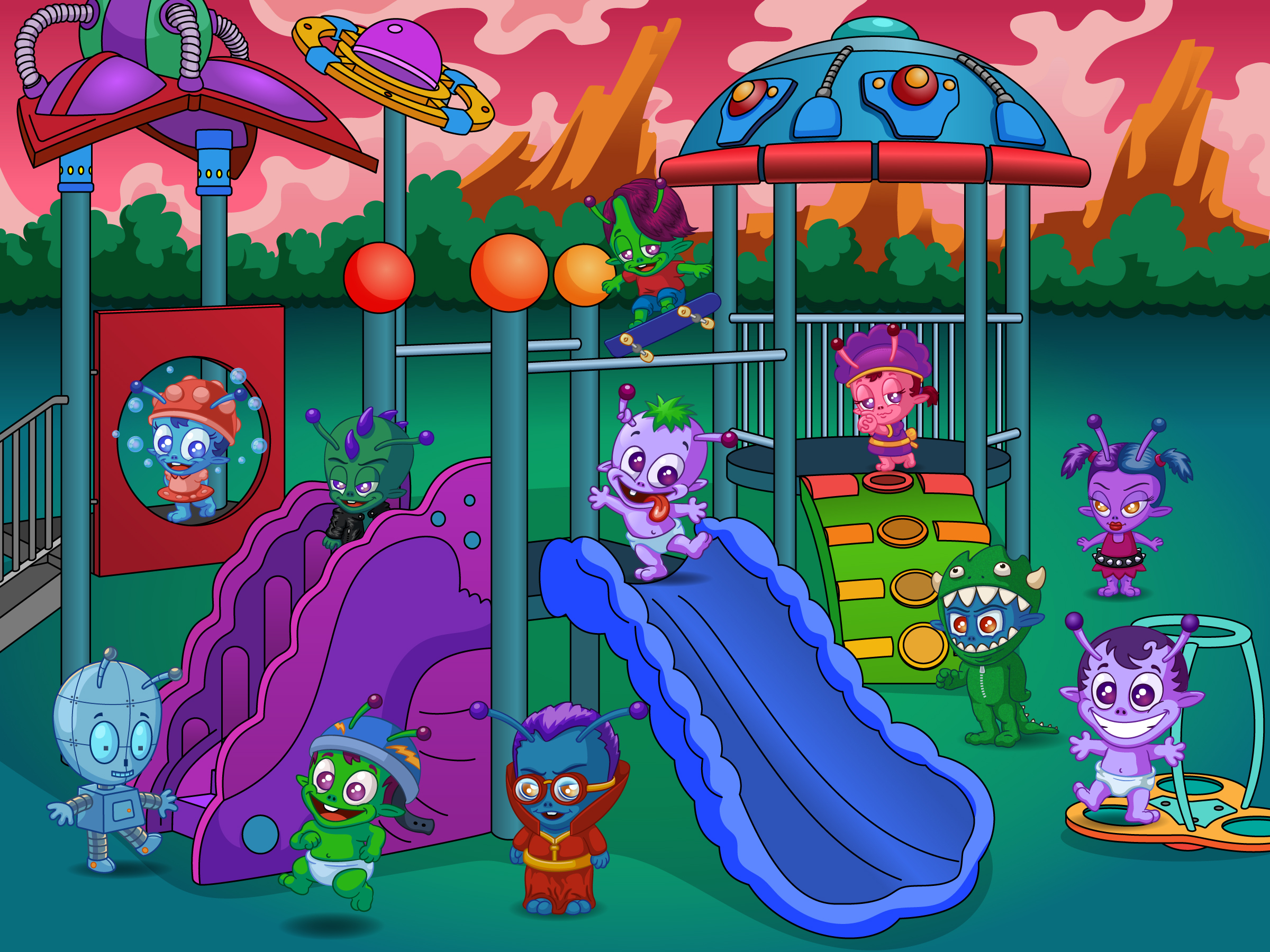 Baby Aliees playing on a playground