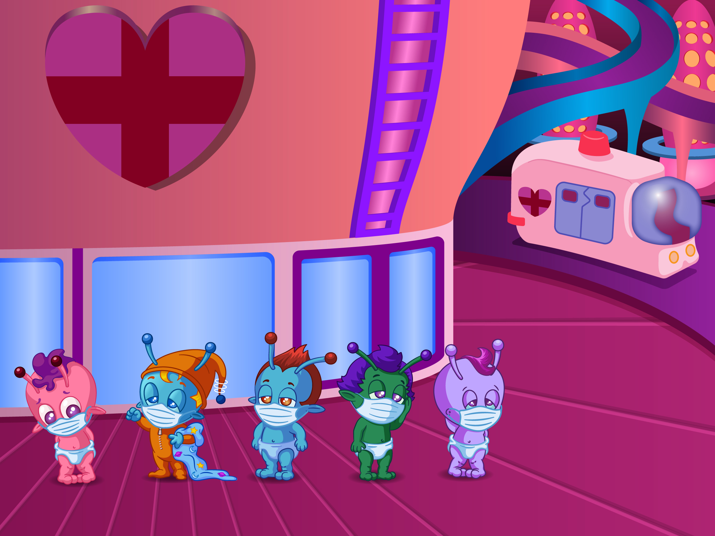 Baby Aliees all wearing masks outside of a health center