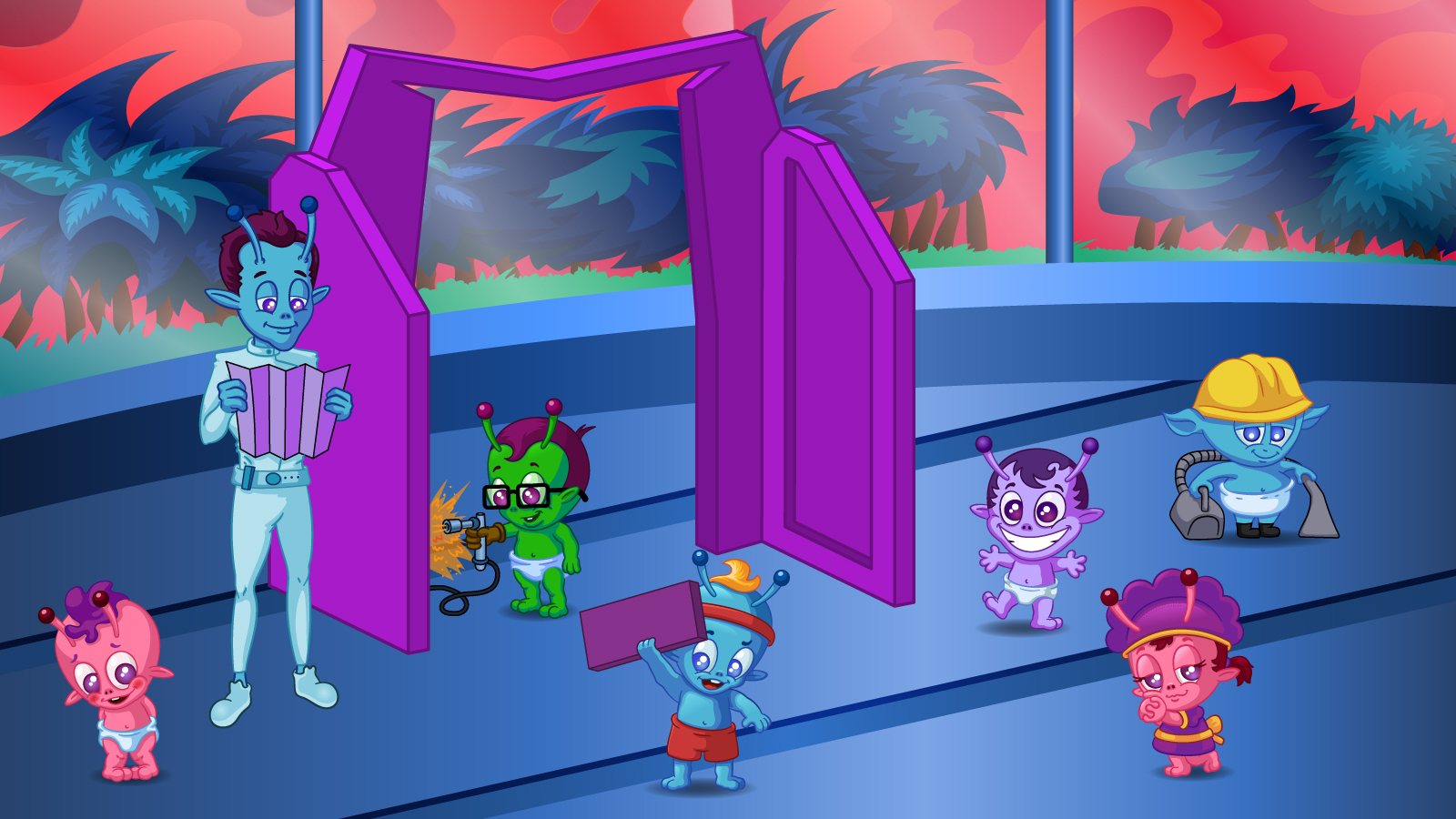 Baby Aliees helping an adult build a portal